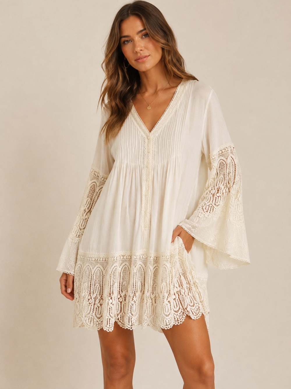 Just Me Cream Crochet trim  Boho lace  Tunic Dress bell sleeve . Sz. 12